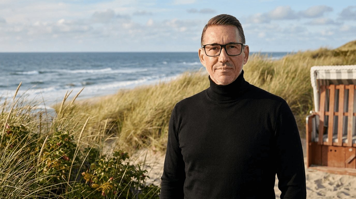 Michael Gleissner im schwarzen Rollkragen vor Dünengras und Strandkorb